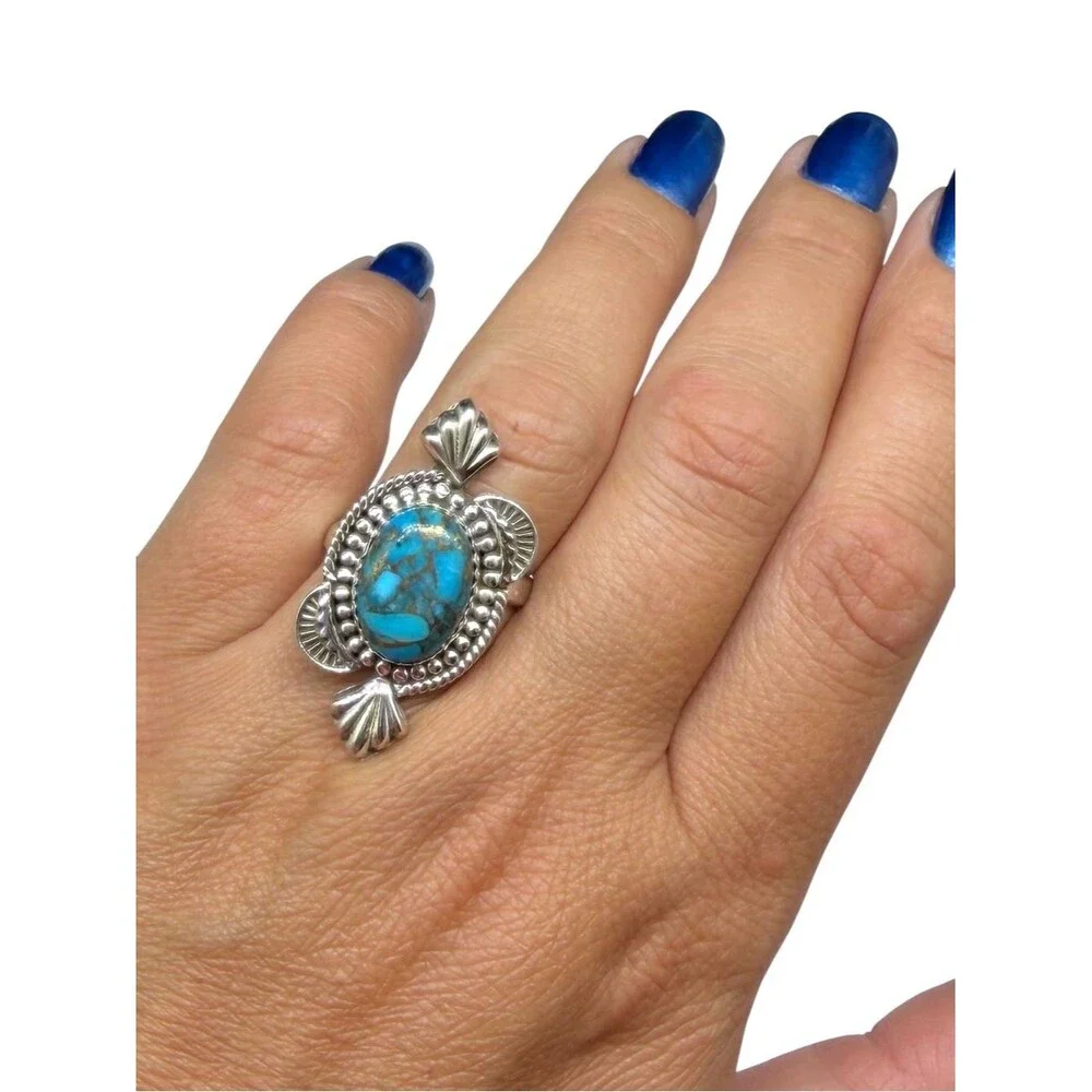Kingman Copper Turquoise Ring Solid 925 Sterling Silver Adjustable Size 7 - 9